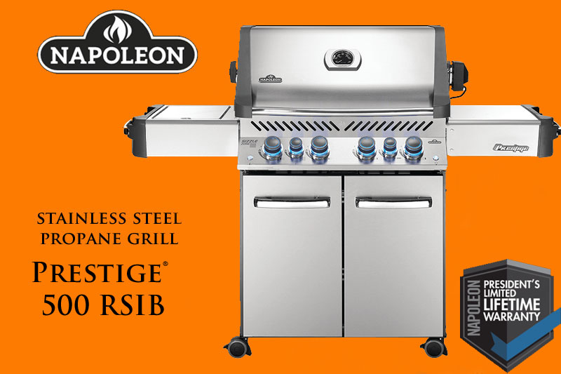 The Napolean Prestige® 500 RSIB Gas Grill has ample cooking space with four main burners, a rear infrared burner, and an innovative side infrared sizzle-zone burner. Consistent heating for perfect grilling results every time.